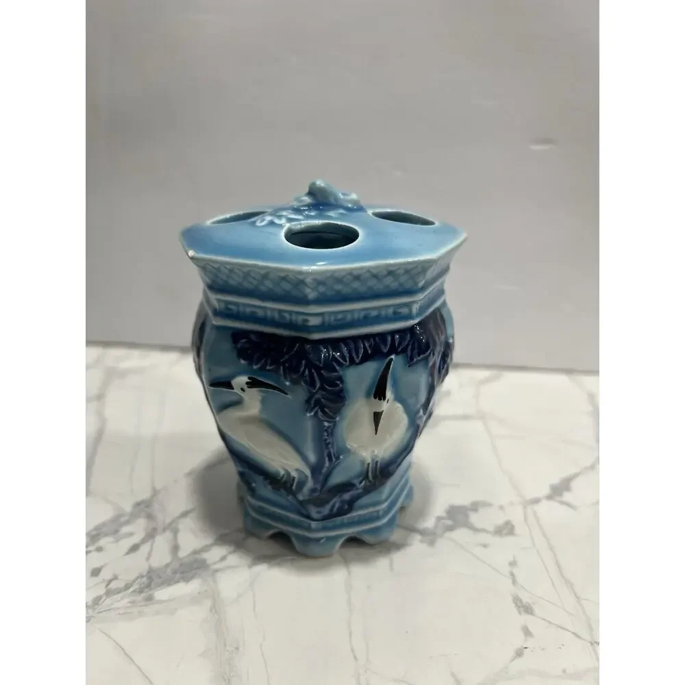 Vintage Japanese Blue Heron Egret Ceramic Flower Frog Vase Ikebana Made Japan